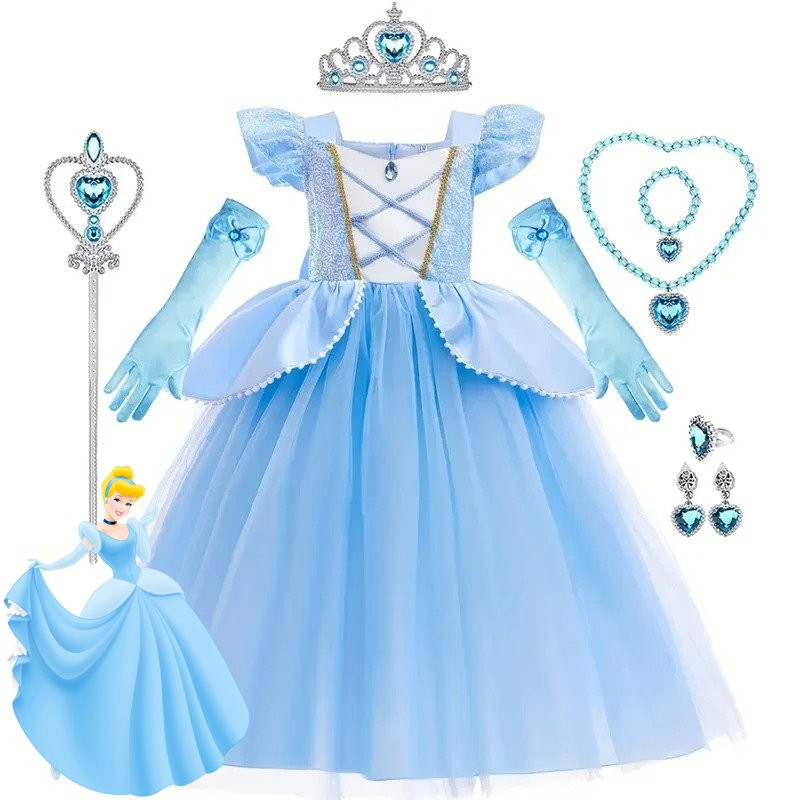 Dětské dívčí šaty Popelka světle modré a doplňky 110 - 130